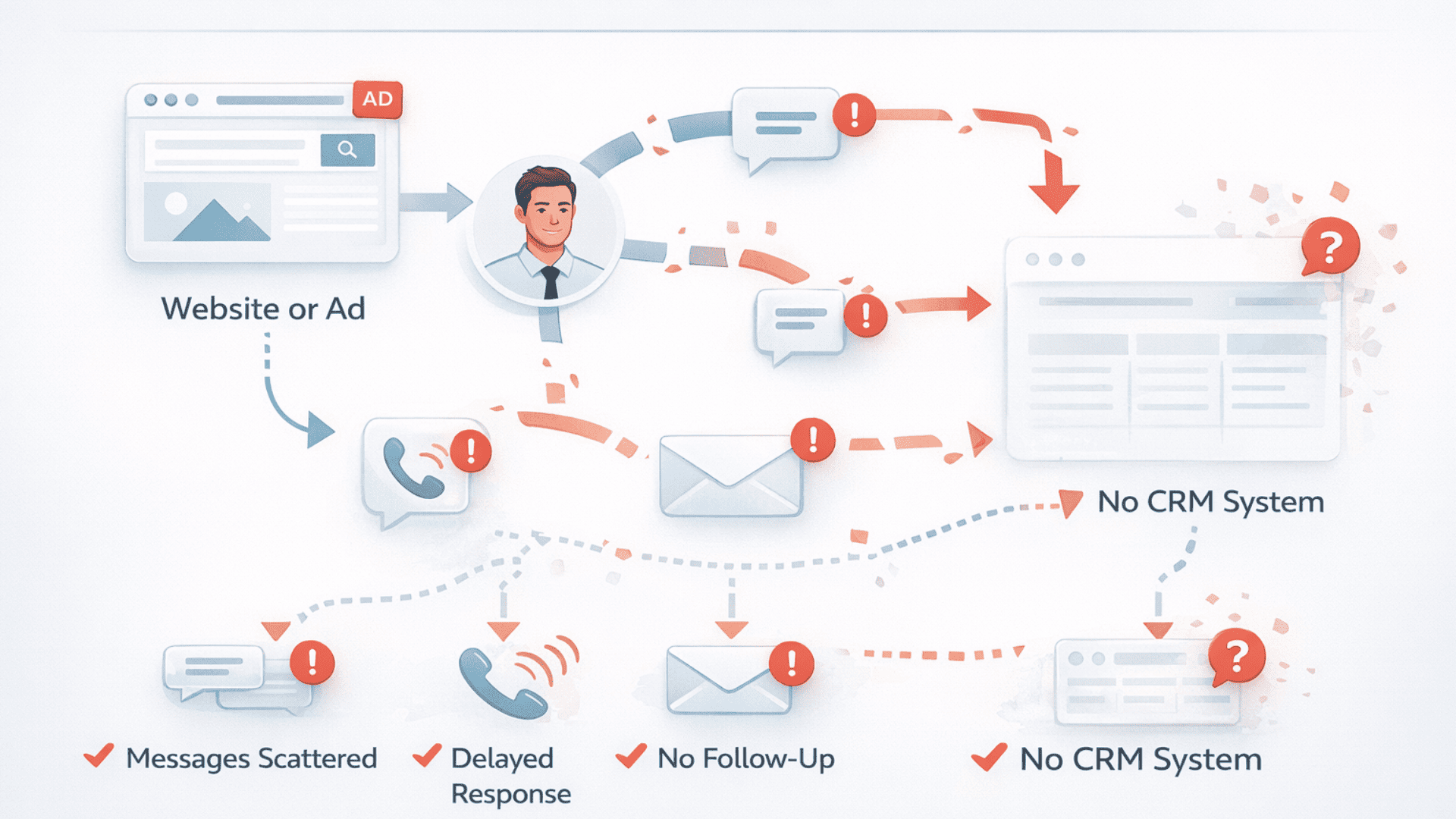 Broken real estate lead management workflow showing missed follow-ups