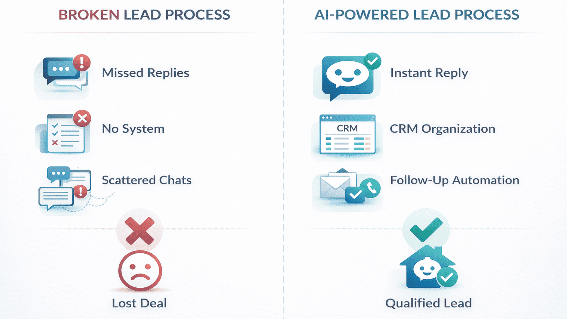 Broken manual lead process versus AI-powered lead process