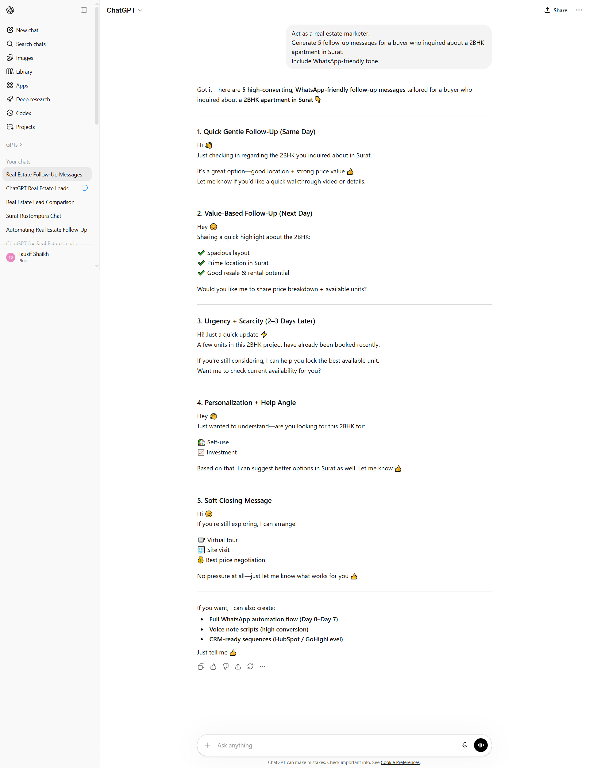 ChatGPT generating structured content and messaging for a real estate lead workflow