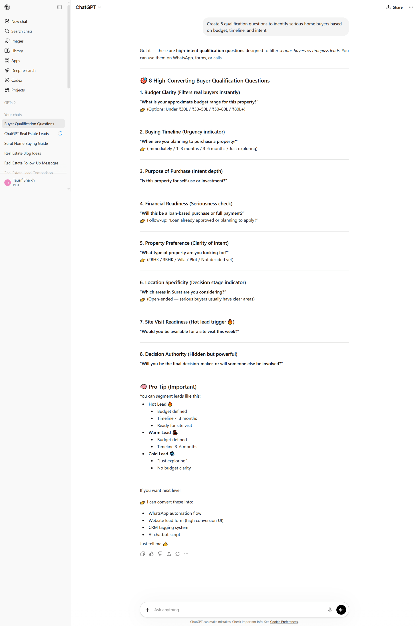 ChatGPT generating objection-handling responses for real estate buyer conversations
