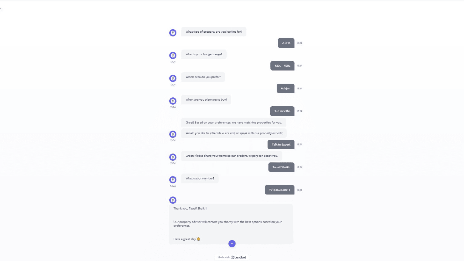 Landbot real estate chatbot screenshot