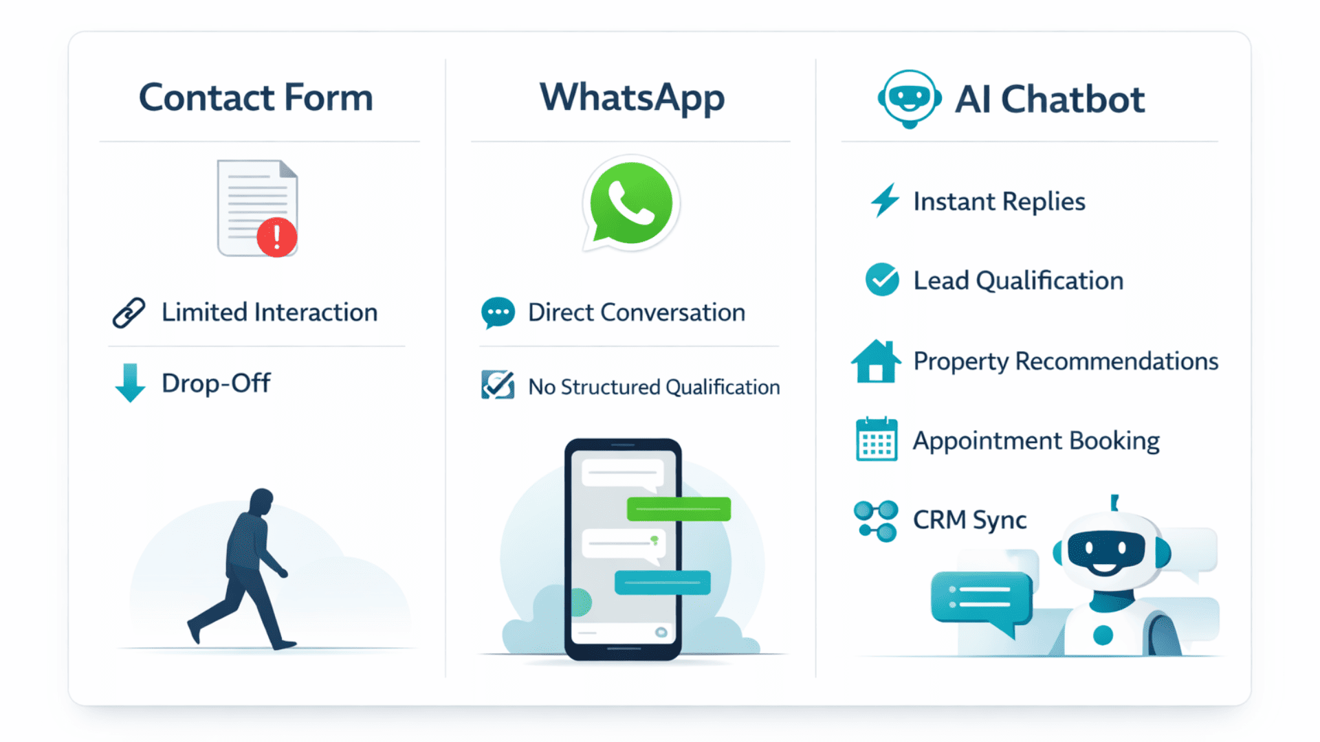 Comparison of contact form WhatsApp live chat and AI chatbot for real estate lead capture