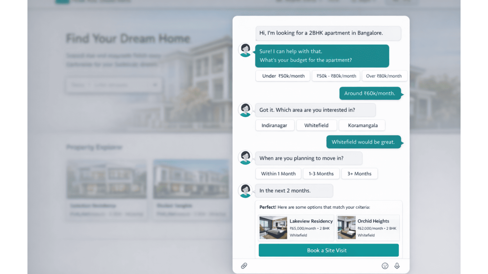 Example of a real estate chatbot conversation qualifying a buyer