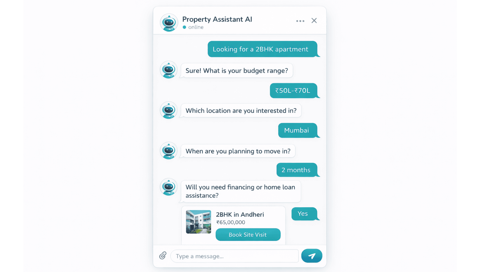Chatbot conversation mockup for real estate qualification