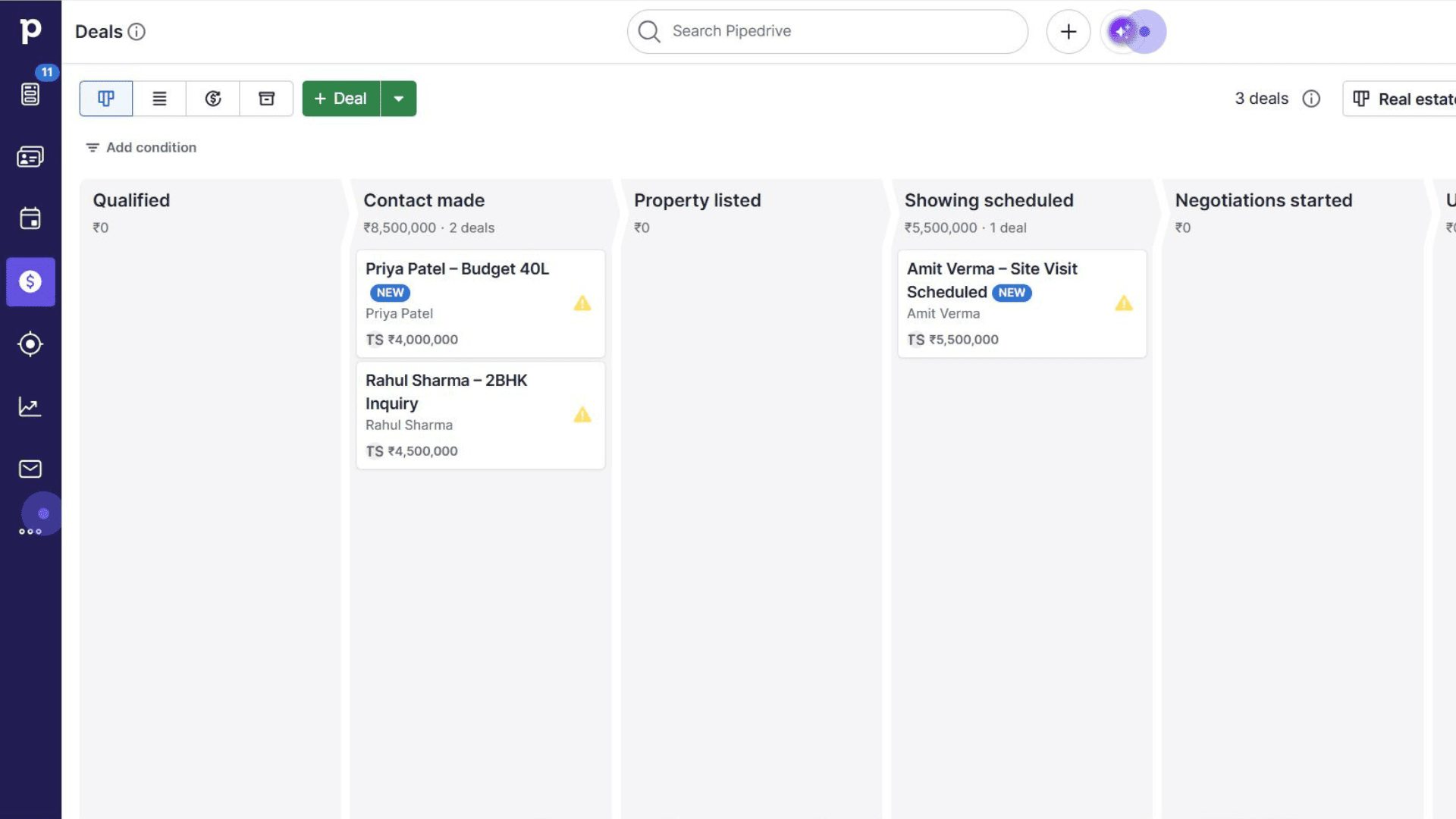 Pipedrive real estate pipeline screenshot