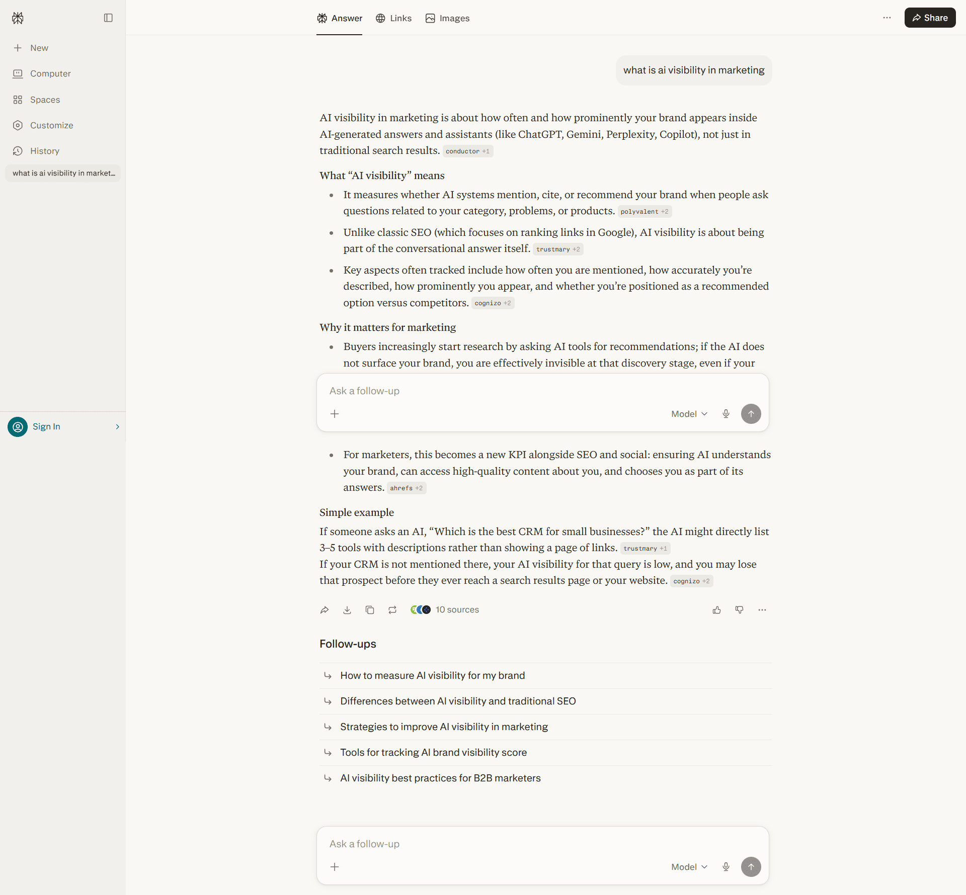 Perplexity screenshot showing citation-rich AI answer with numbered source links