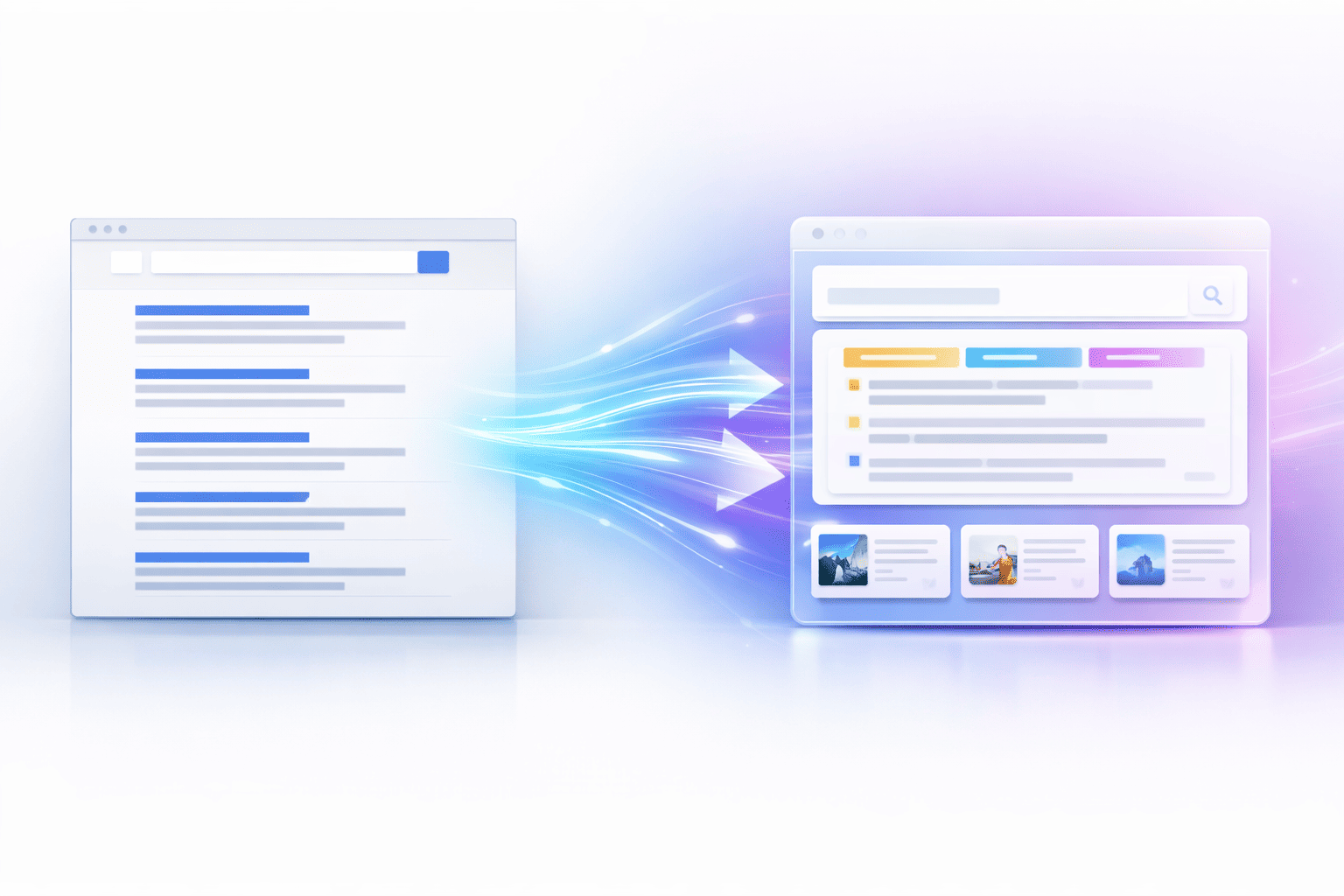 Illustration showing transition from traditional search engine blue links to AI-generated answer results with summaries and citations